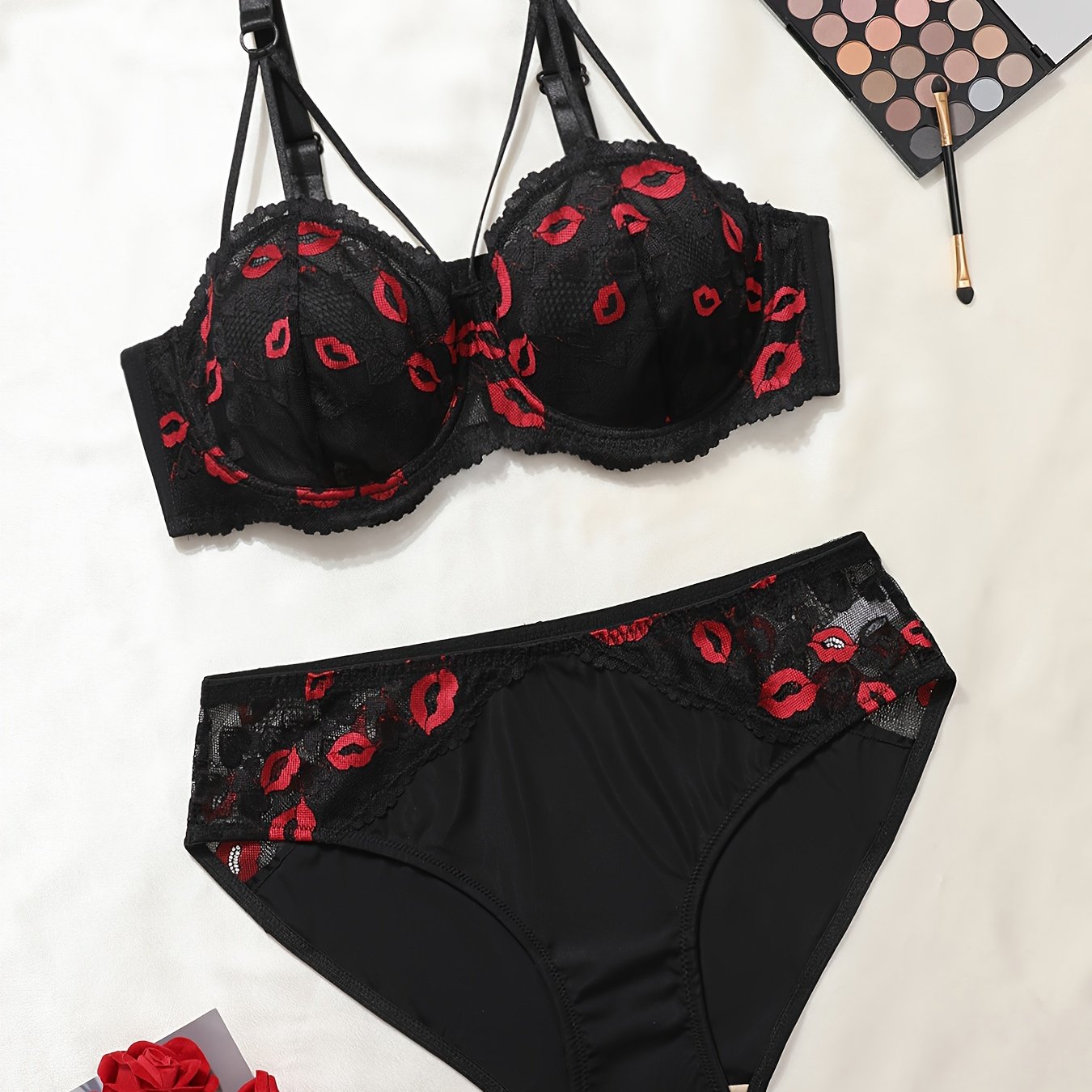 Sexy plus size lace lingerie set with kiss lips embroidery, unlined bra, and mid-waist panty for women.