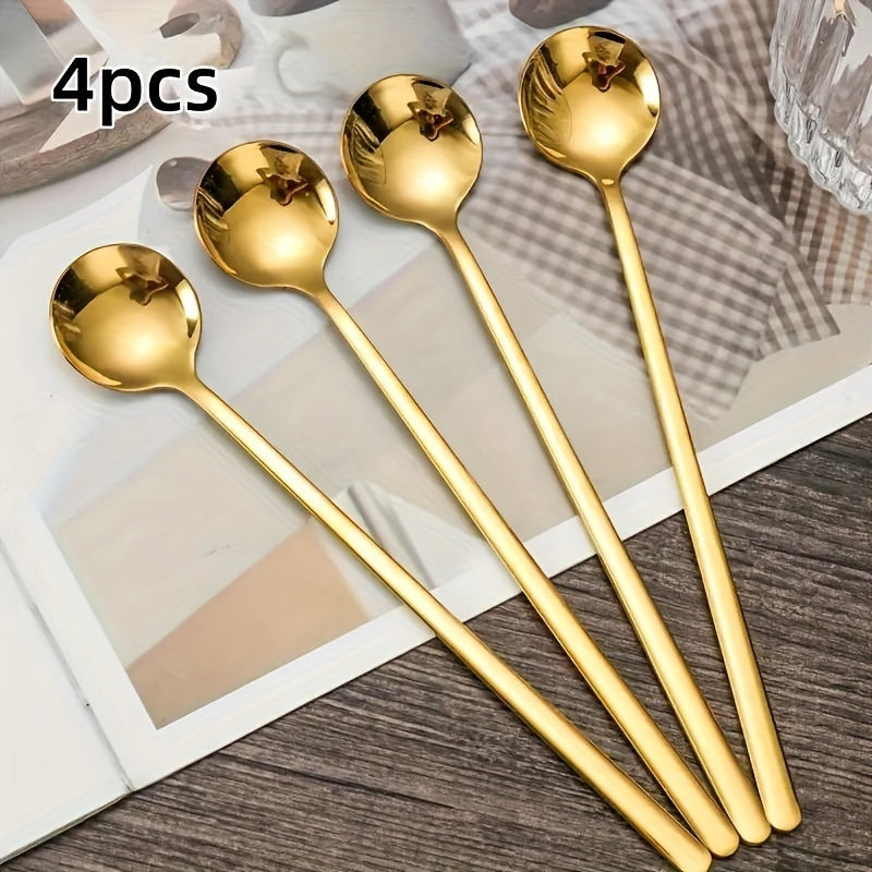 Elegant 4-piece stainless steel long handle spoons set perfect for hot drinks, ideal for restaurants and cafes.