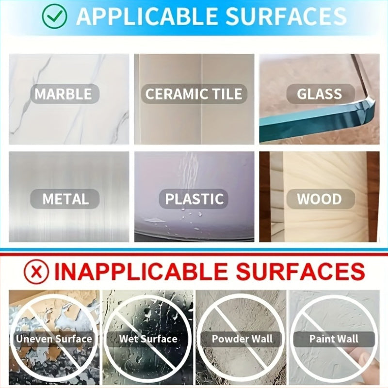 Waterproof clear mounting tape with strong adhesive for plastic, glass, metal, stone, and drywall - no need for drilling or nails.