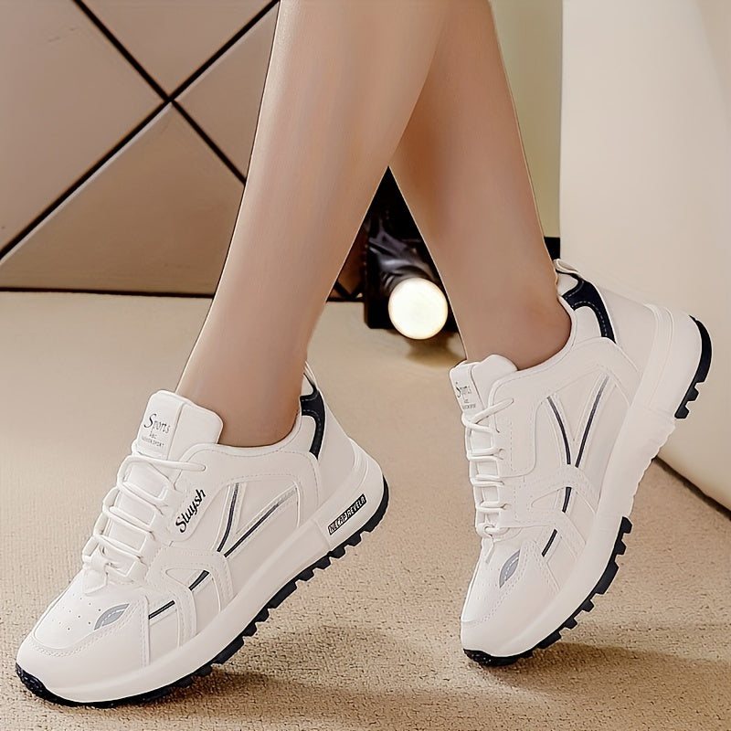 Casual women's running sneakers in white and brown, lace-up low-top design with textured faux leather upper and durable PU sole, comfortable all-season footwear.