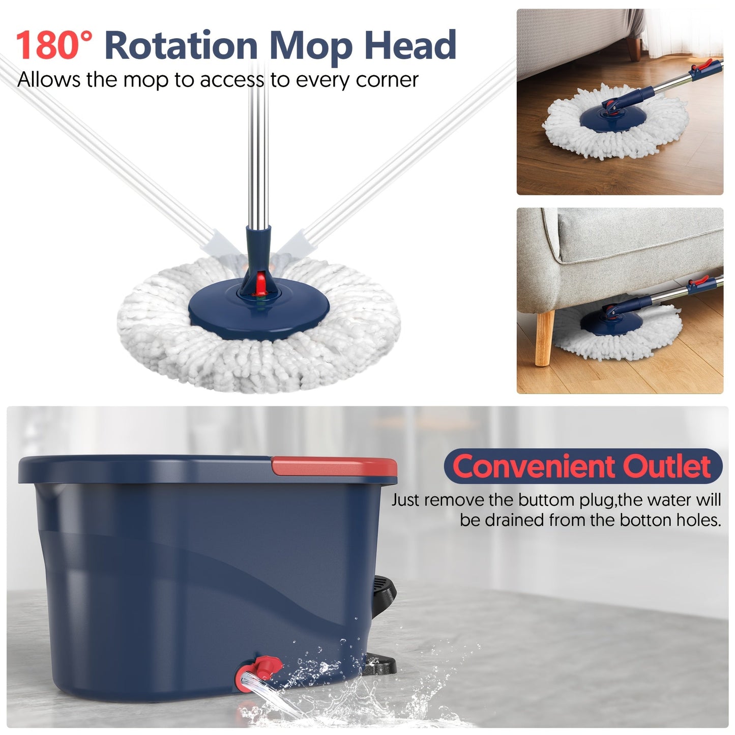 This Navy Red Heavy-Duty Spin Mop and Bucket Set with Wringer includes 5 reusable pads, making it ideal for both indoor and outdoor use. This spin mop and bucket system is perfect for cleaning floors effectively.