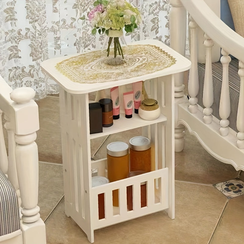 Compact plastic side table in European style with storage, ideal for use as a multifunctional end table in the bedroom or living room. Can also be used as a bedside snack and beverage table, mini coffee and magazine rack, or a space-saving coffee table.