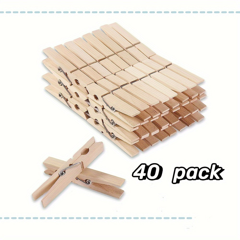 40 pack of wooden clothespins, made from natural wood material. These rustproof storage clips are perfect for classroom crafts and displays.