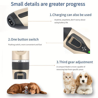 Low noise rechargeable pet trimmer for dogs with limit comb.