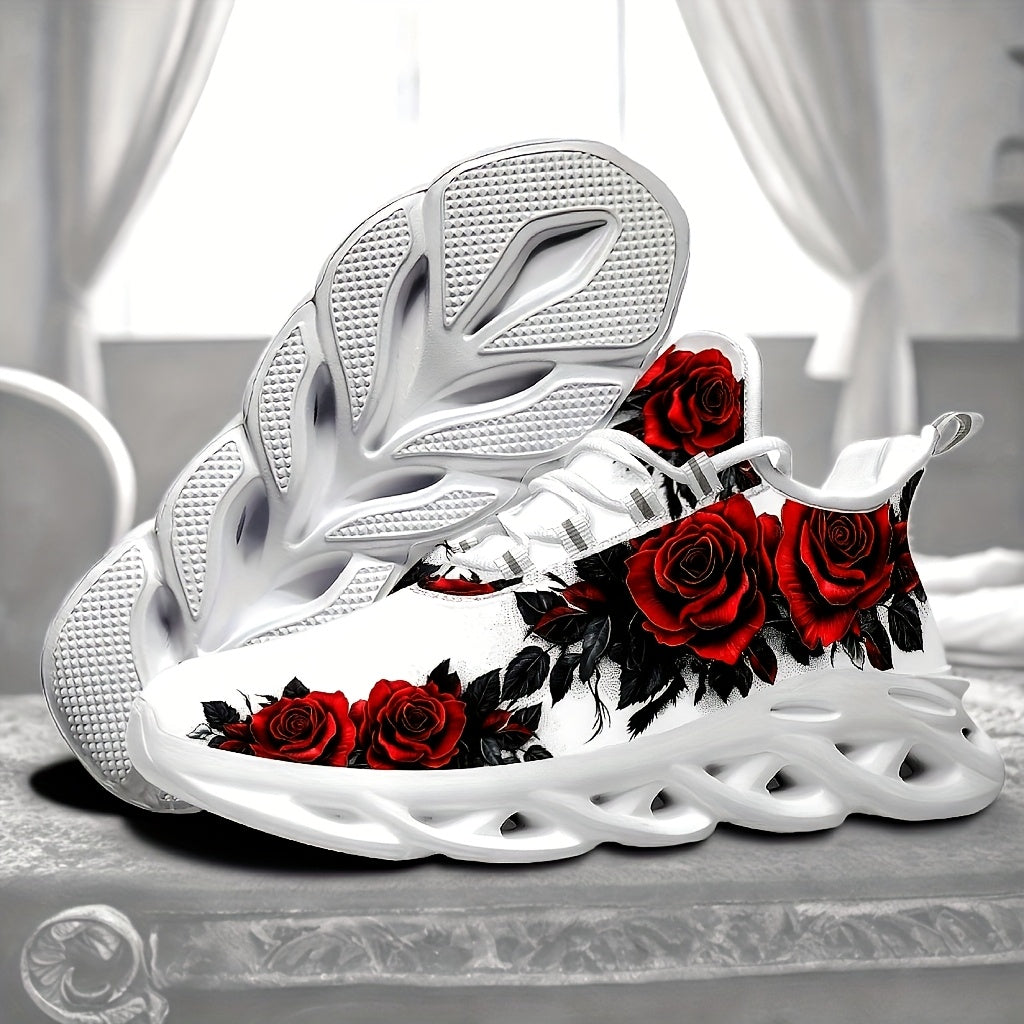 Plus size black rose sneakers with lightweight, cushioned support, breathable fabric lining, and stylish red rose design. Comfortable for all seasons.