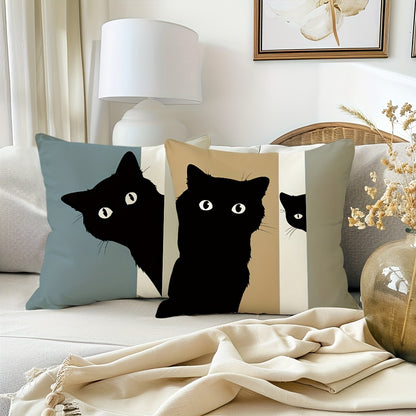 Set of 4 cat cartoon throw pillow covers, linen blend with zipper closure, machine washable, for various room types, 45.72x45.72 cm.