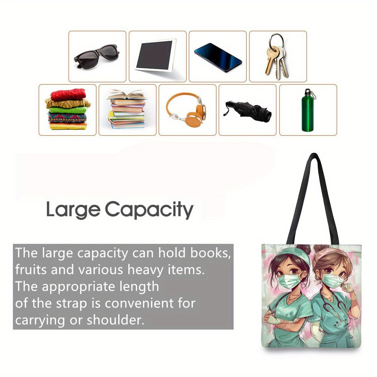 Large capacity shoulder bag with a cute cartoon nurse print, ideal for shopping.