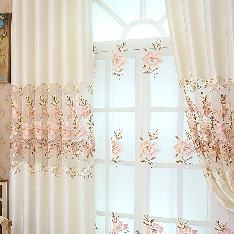 Add a touch of elegance to your living room or bedroom with this beautiful 1pc Pink Floral Embroidered Sheer Curtain. Made of semi-transparent polyester, this curtain features delicate embroidery and eyelets for easy hanging. Machine washable for