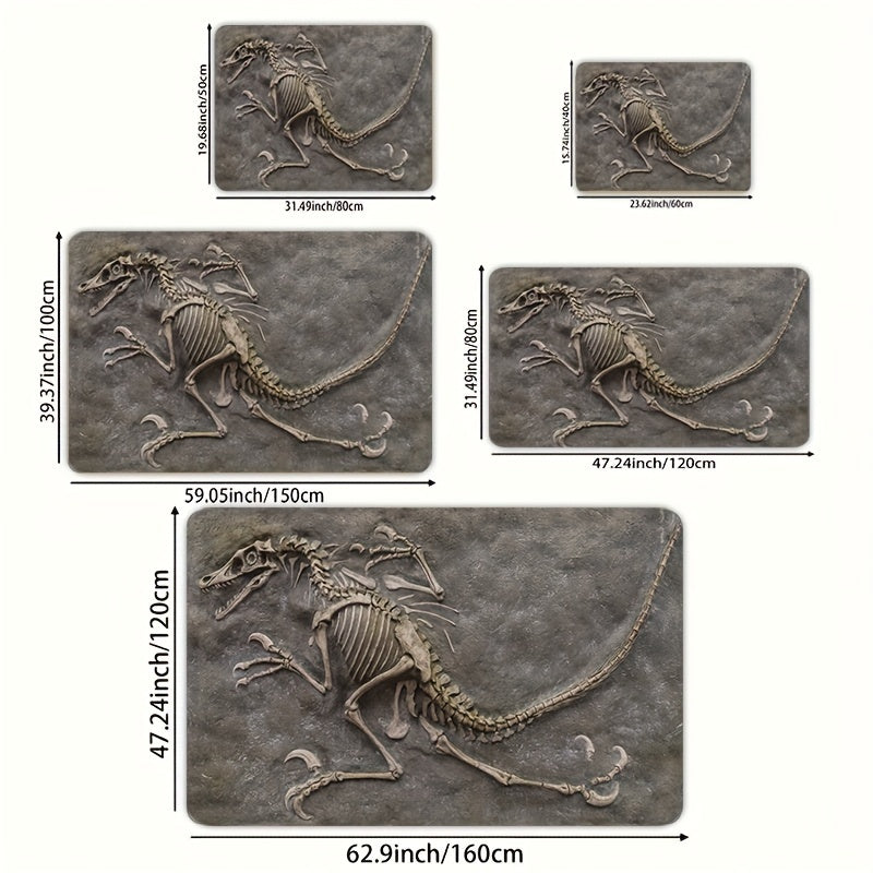 Soft and thick area rug designed with dinosaur fossils, measuring 8mm in thickness. This rug is machine washable and suitable for use in the bathroom, kitchen, living room, or bedroom. It serves as a versatile indoor decor mat, perfect for adding a touch