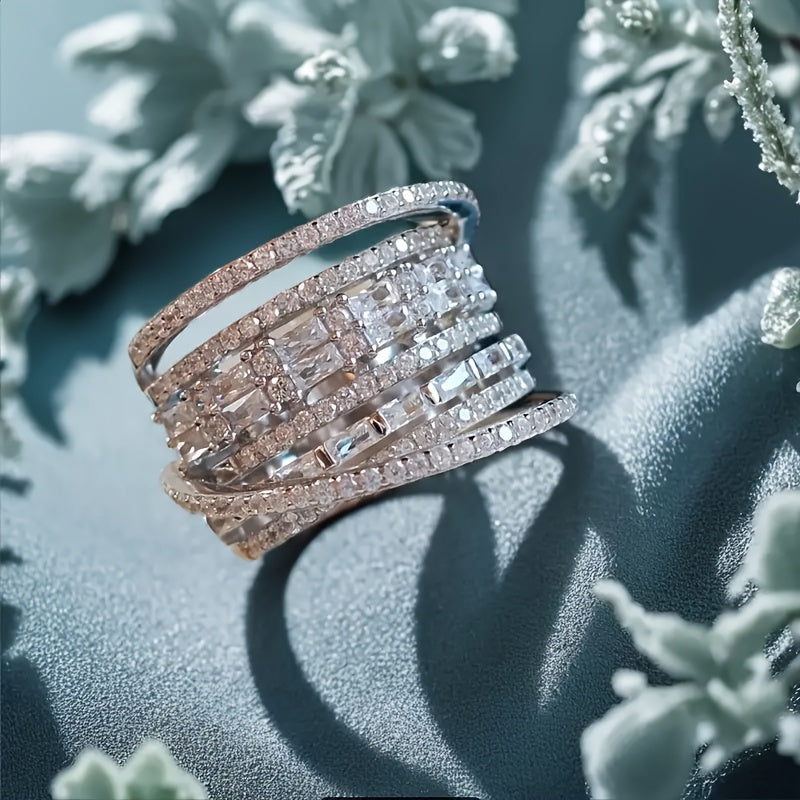 Exquisite Multi-Layer Copper Ring adorned with Synthetic Diamonds - Ideal for Weddings, Parties, and Special Occasions