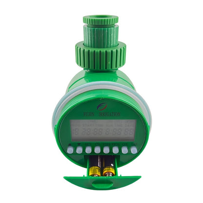 Automatic Digital Watering Timer with LCD Display - Battery operated controller for home irrigation, European standard plastic material, green generation.