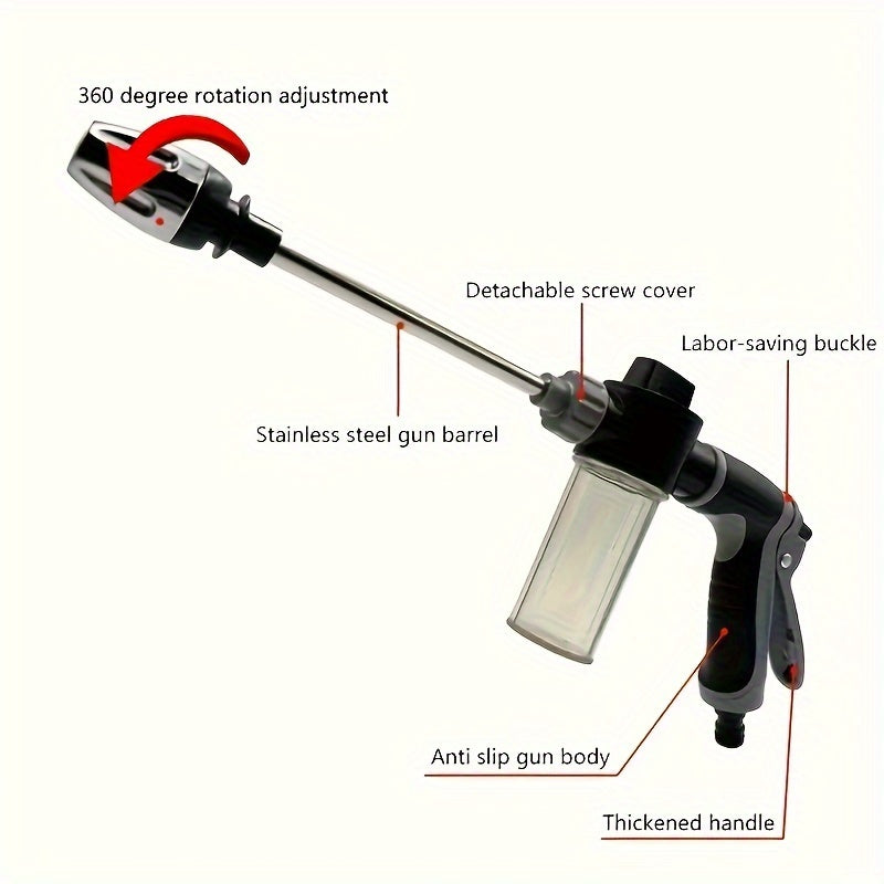 High-pressure foam sprayer gun with an extended wand, suitable for a variety of uses such as car wash, watering plants, and household cleaning. This manual operation tool does not require electricity. Great for all your cleaning needs without the hassle