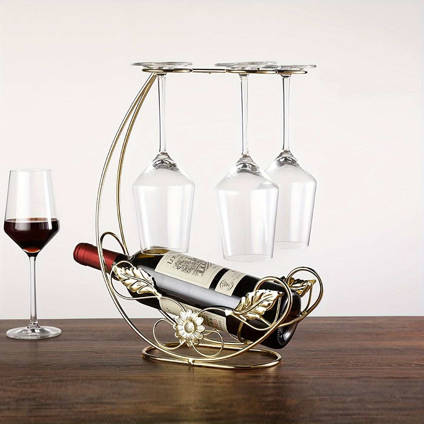 Modern Iron Wine Glass Rack - Vertical Metal Stand for Bottles, Goblets, and Glasses, Elegant Tabletop Display, Holds 1 Bottle & 4 Glasses, No Tools Needed