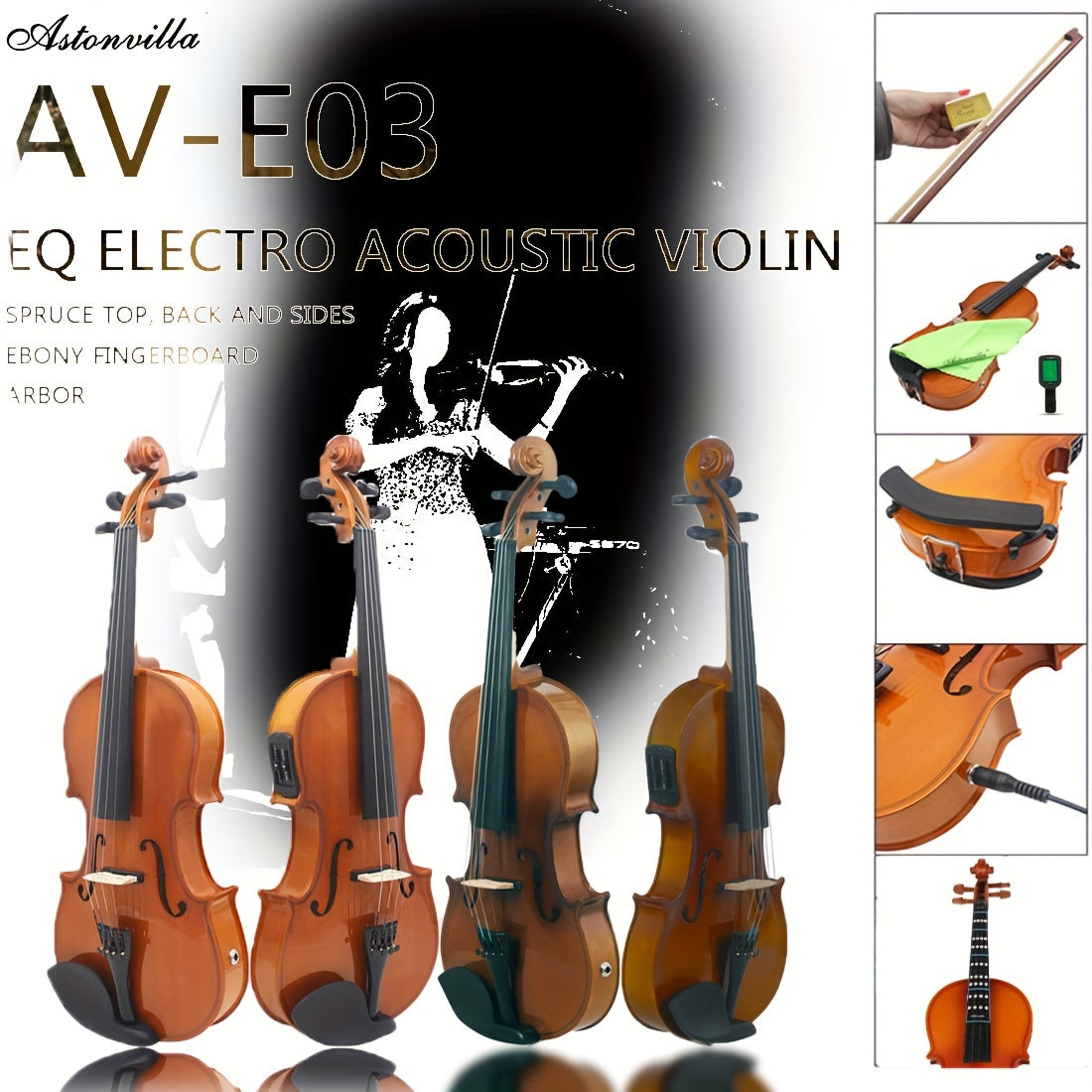 Astonvilla AV-E03 EQ Electric Acoustic Violin available in two colors.