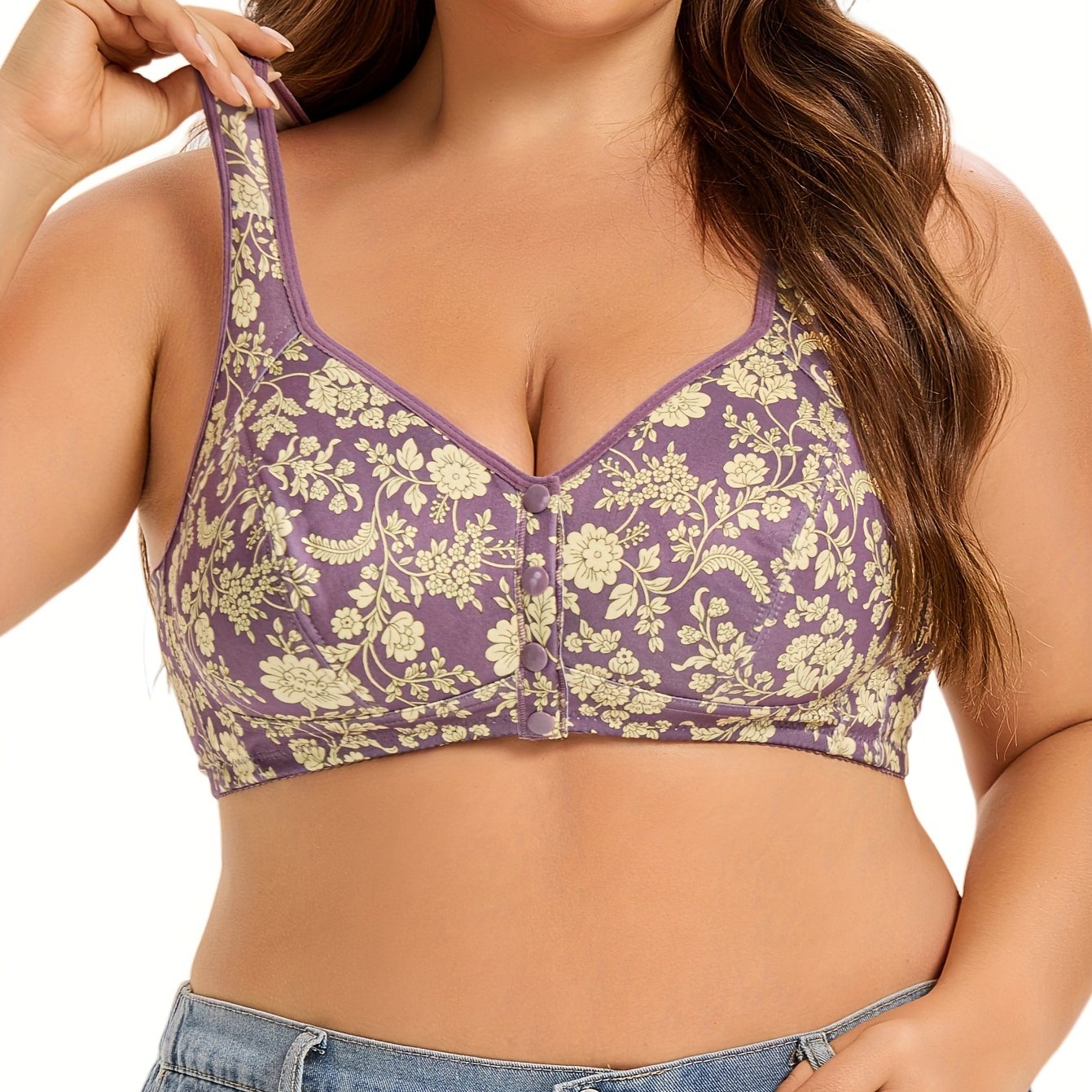 Floral polyester bralettes in plus size, wireless with front button and knit fabric, no padding, slight stretch, simple style, made of 95% polyester and 5% spandex.