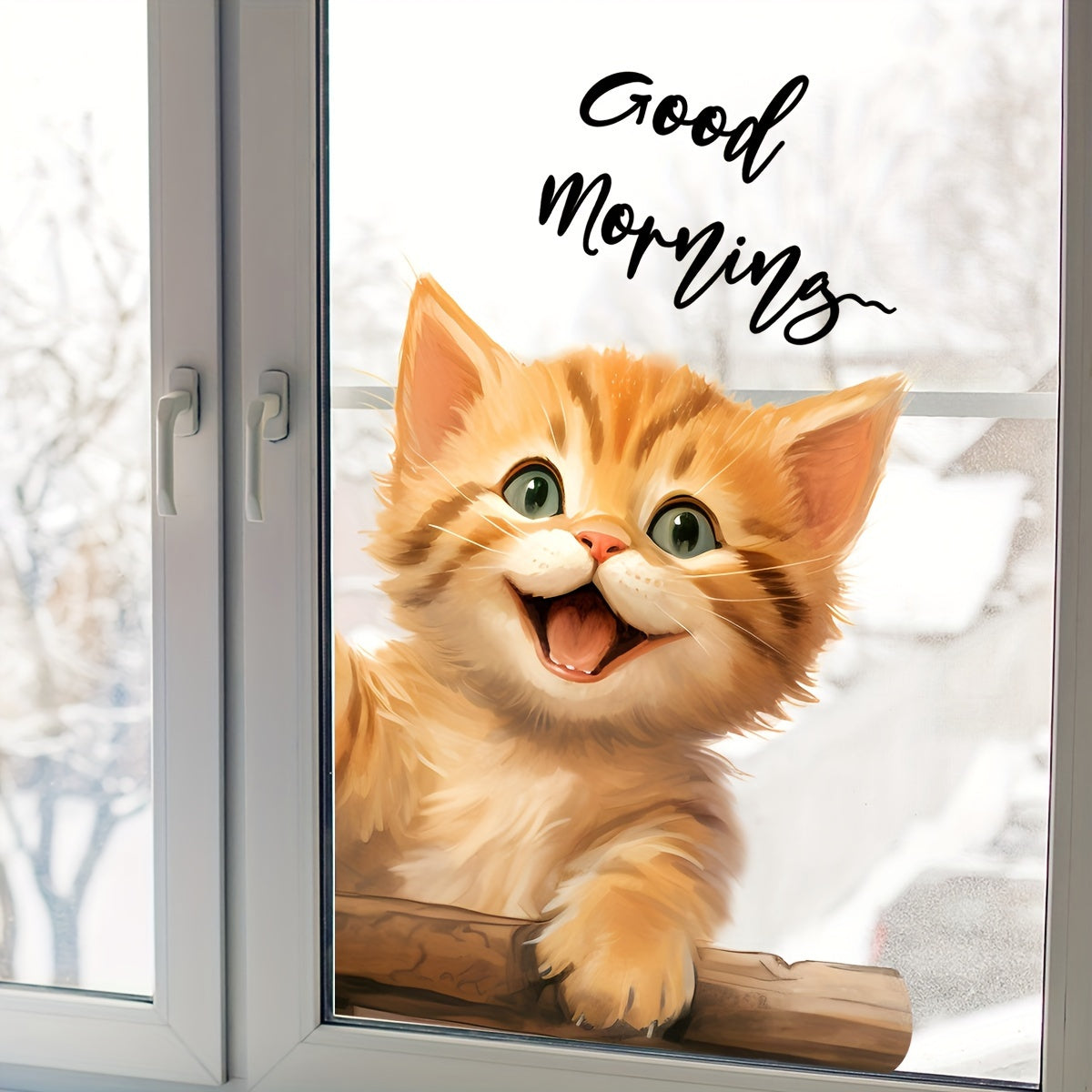 Charming Orange Tabby Cat Static Cling Window Decal - "Good Morning" Double-Sided, Reusable PVC Sticker, 5mil Thickness for Home & Office Windows and Walls