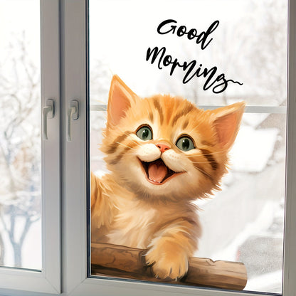 Charming Orange Tabby Cat Static Cling Window Decal - "Good Morning" Double-Sided, Reusable PVC Sticker, 5mil Thickness for Home & Office Windows and Walls