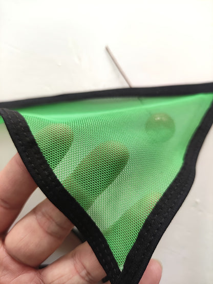 Sexy mesh bikini lingerie set with green triangle contrast trim and adjustable straps for a flattering fit.