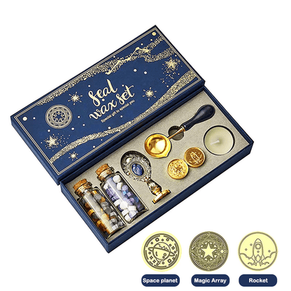 Wax seal kit includes gift box, beads, 3 stamps, pen, envelope for gift and décor.