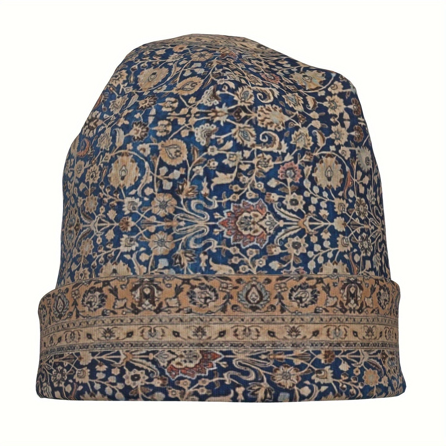 Beanie Inspired by Antique Tabriz Persian Rug, Boho-Chic Style - Soft, Stretchy Skull Cap for Men & Women, Machine Washable with Floral Print