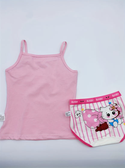 3-piece girls' cotton underwear set featuring cute cartoon tank tops and briefs, suitable for all seasons with a breathable comfort fit.