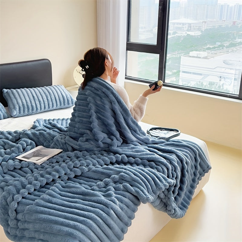 Soft and cozy double-sided faux rabbit fur blanket, perfect for bedroom, guest room, living room, dorm, office, car, and travel. This anti-static blanket is warm and suitable for all seasons, making it a versatile addition to your home.