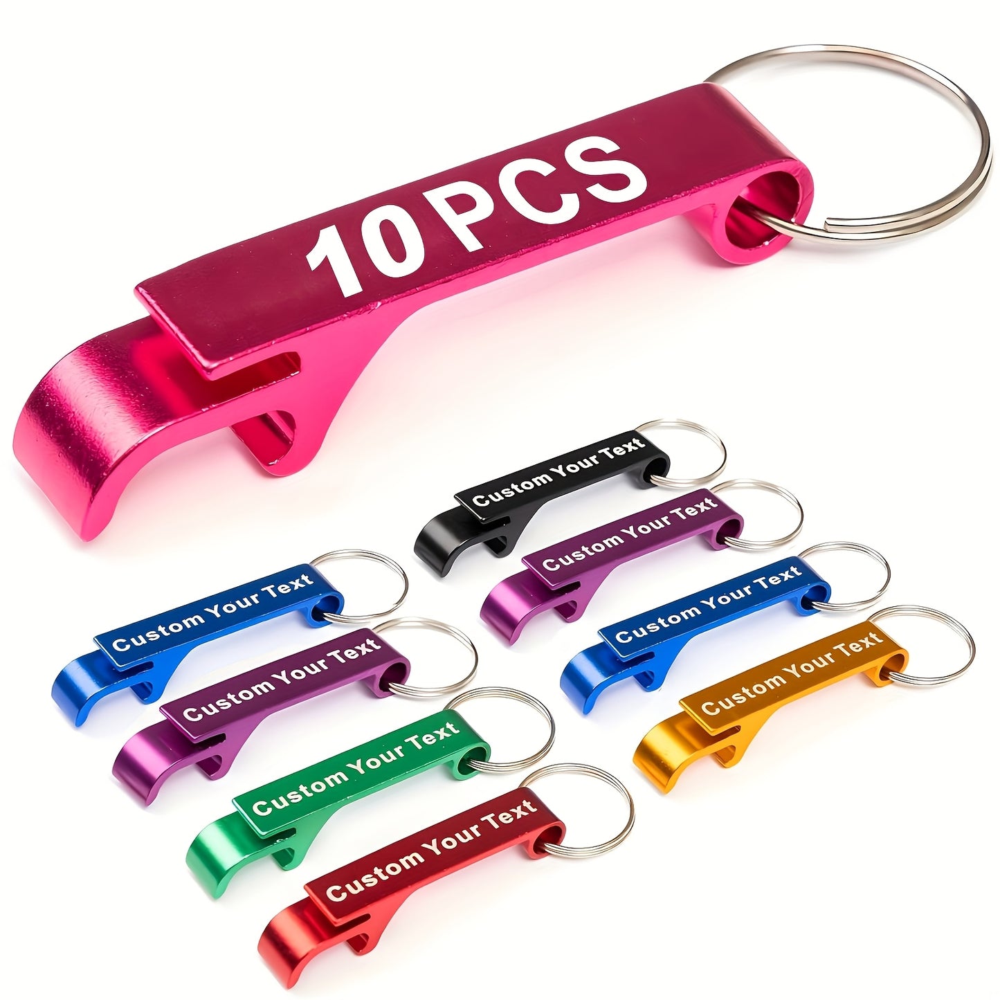 10 custom metal bottle opener keychains for parties and celebrations, durable for kitchen and restaurant use without batteries.