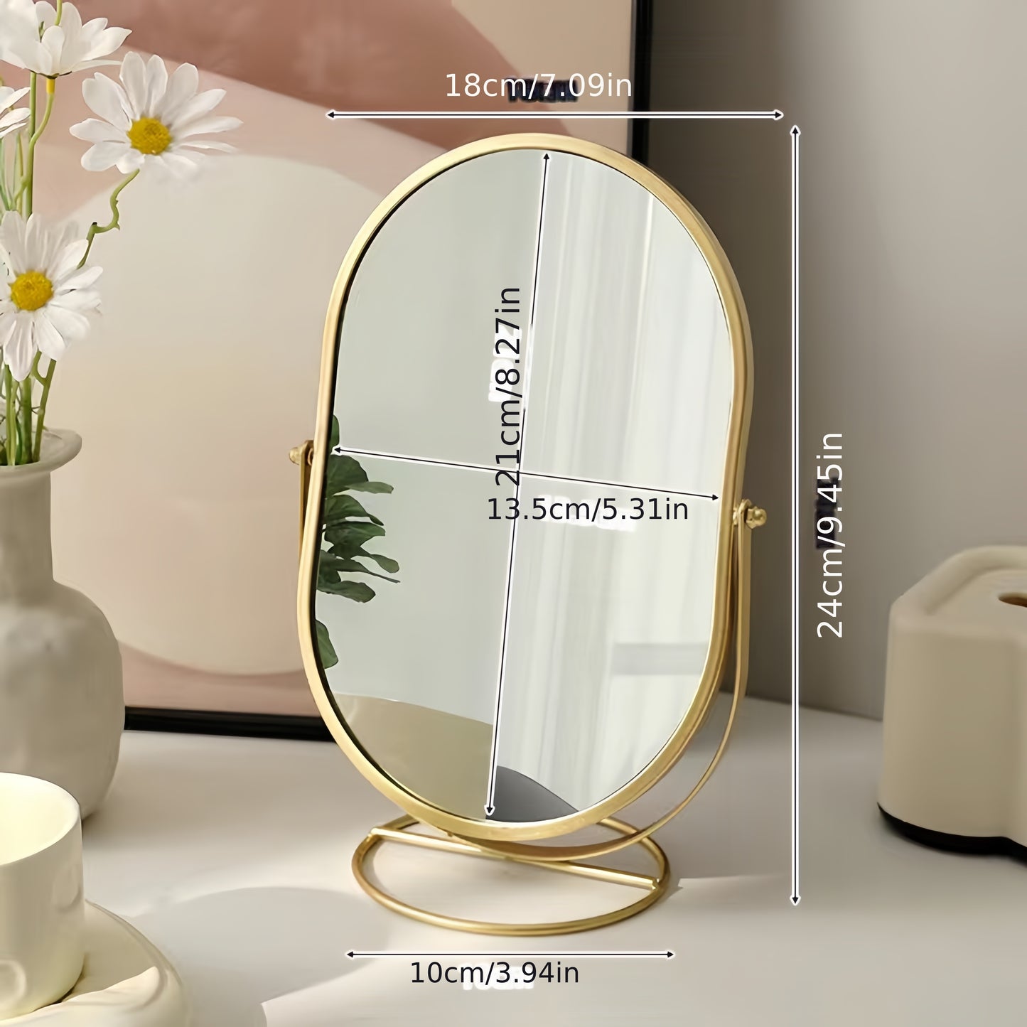 360° rotatable freestanding makeup mirror with iron frame, high-definition surface, perfect for bedroom or vanity table.