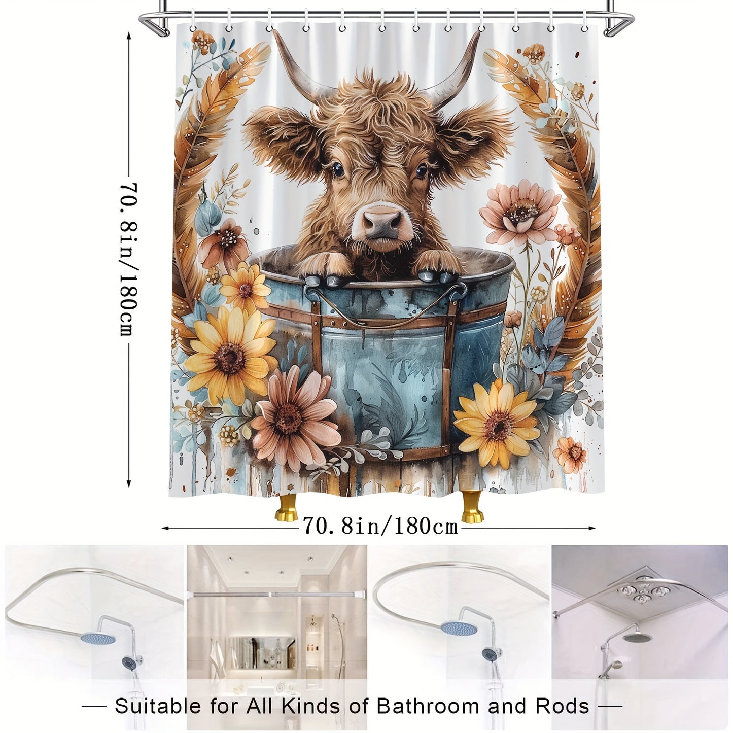 Rustic Highland Cow shower curtain with sunflowers, daisy, and eucalyptus design. Stylish bath screen for tub with hooks included. Waterproof fabric, 179.83x179.83 cm. Perfect for home bathroom decor.