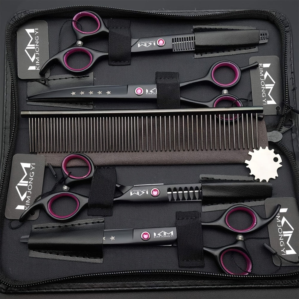 2-in-1 Professional Dog Grooming Scissors Set: Straight, thinning, curved, and chunkers (with comb)