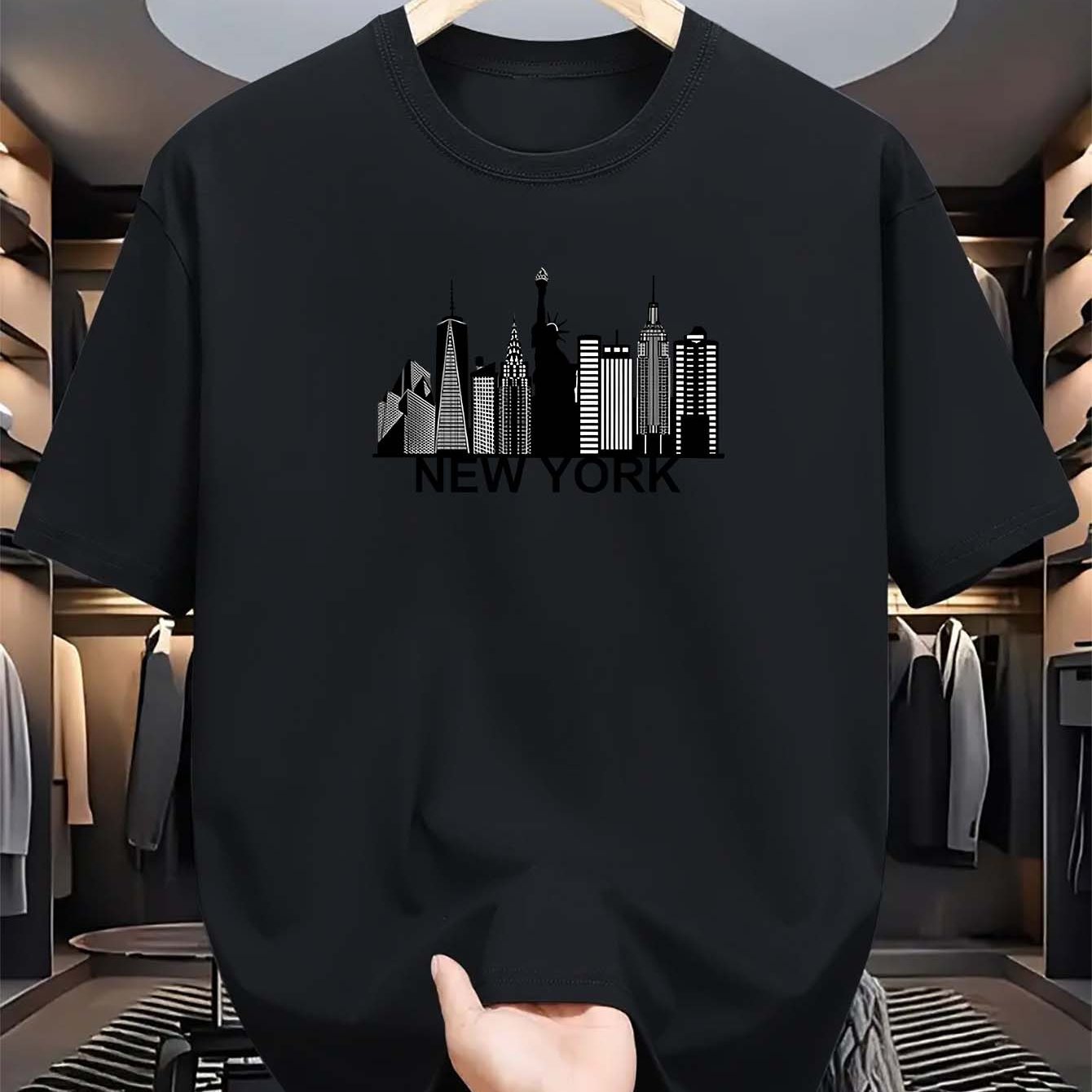 Men's light blue New York City skyline graphic t-shirt for everyday comfort. Casual polyester tee with short sleeves, round neck, and machine washable. Summer fashion essential.