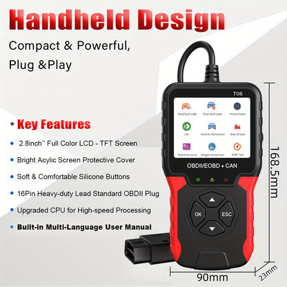 1pc OBD2/E0BD+CAN Diagnostic Scanner Tool, USB Powered, Engine Code Reader with Reset Function, compatible with cars post 1996, 8 languages, 9 protocols, no battery needed.