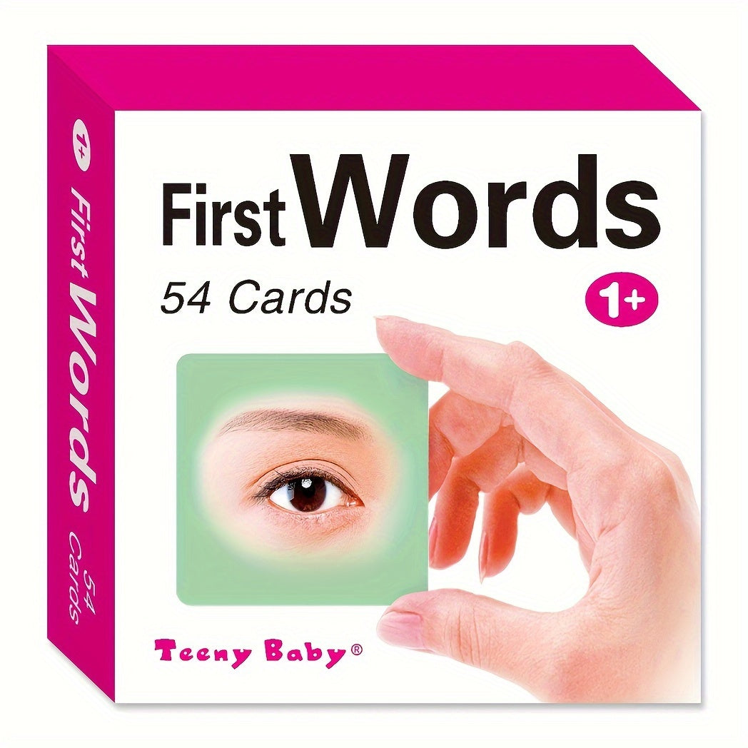 1 box of 54 English children's object word learning cards featuring 54 different object image cards with corresponding word learning cards, designed with rounded edges for safety.