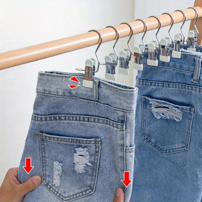 A set of 10 durable stainless steel clothespins with hooks, perfect for securely hanging laundry. These portable clothes clips are ideal for organizing your wardrobe and finishing racks. Essential household goods for keeping your clothes neat and tidy.