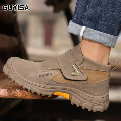 GUYISA Men'S Safety Work Shoes - Steel Toe, Round Toe, Mid-Top with Magic Tape, All-Season, Fire Retardant, Anti-Slip Rubber Sole, Breathable Fabric Lining, Durable Fabric Upper, Comfort