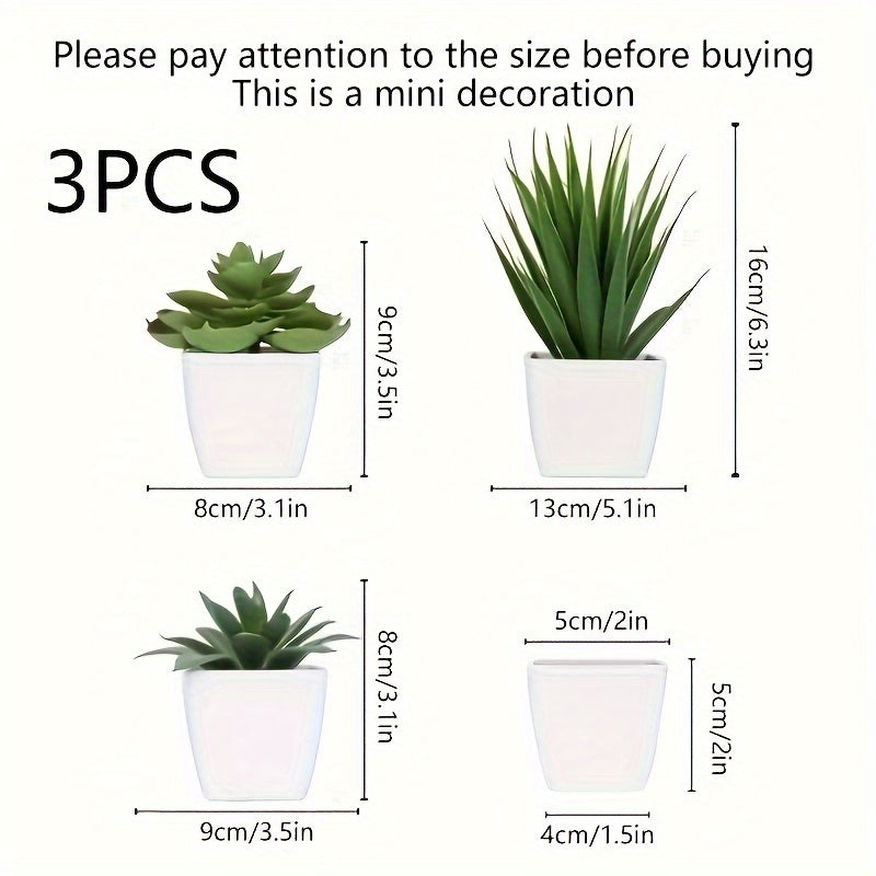 3 fake potted succulents for indoor décor in living room, office, bedroom, or hotel.