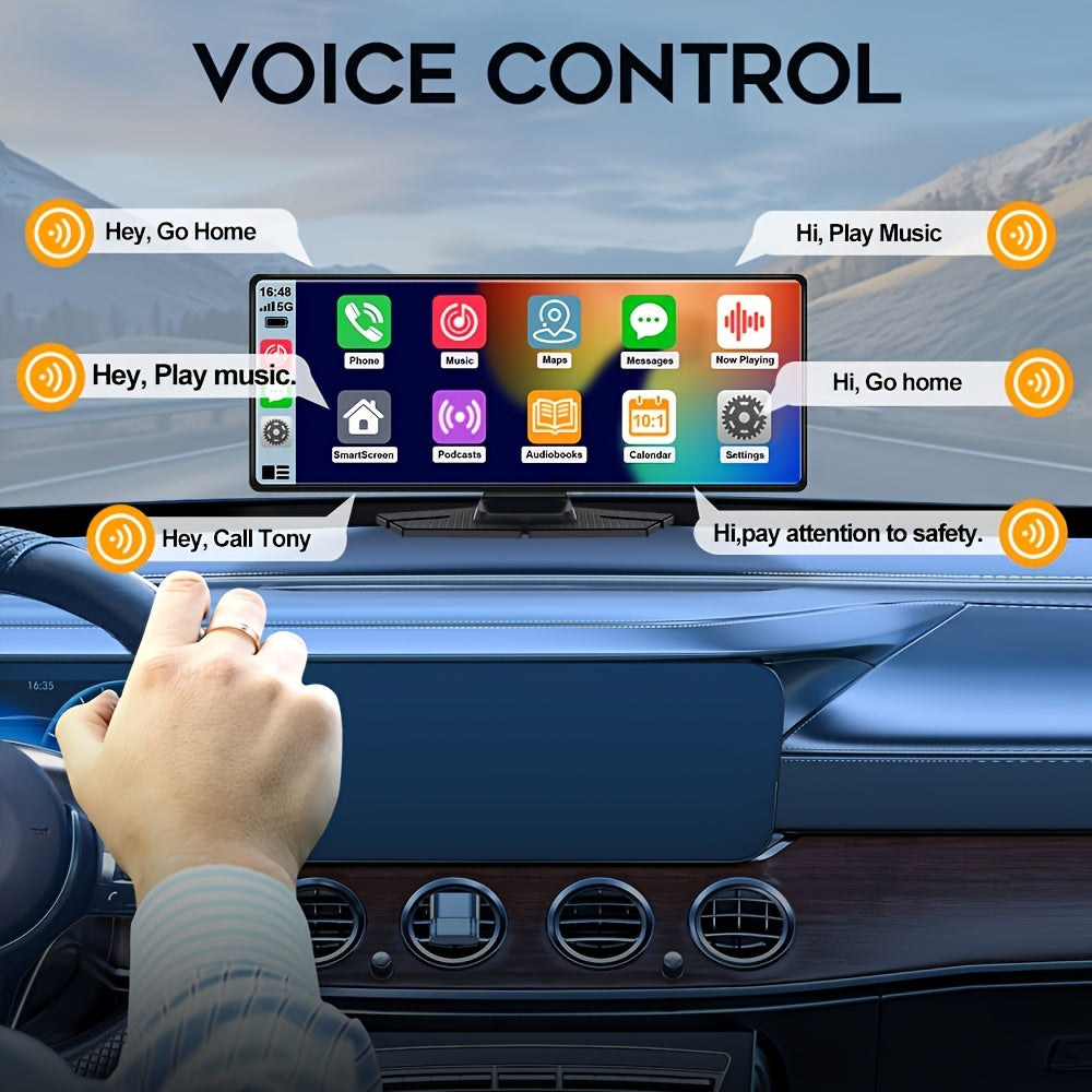 Portable 4K Ultra HD Dual-Camera DVR with Voice Control - 26.06cm screen, Wireless CarPlay & AndroidAuto, HD Reverse Camera, Loop Recording, WiFi, Call & Navigation, FM/AUX, Easy Mount