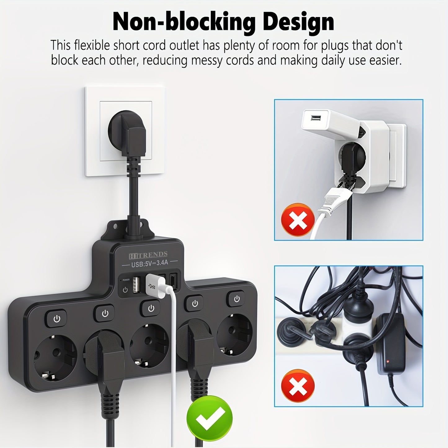 Power strip with 5 EU sockets, 2 USB-A ports, and 2 USB-C ports, smart charging, individual switch, flexible cable, wall-mounted for home, office, dorm use.