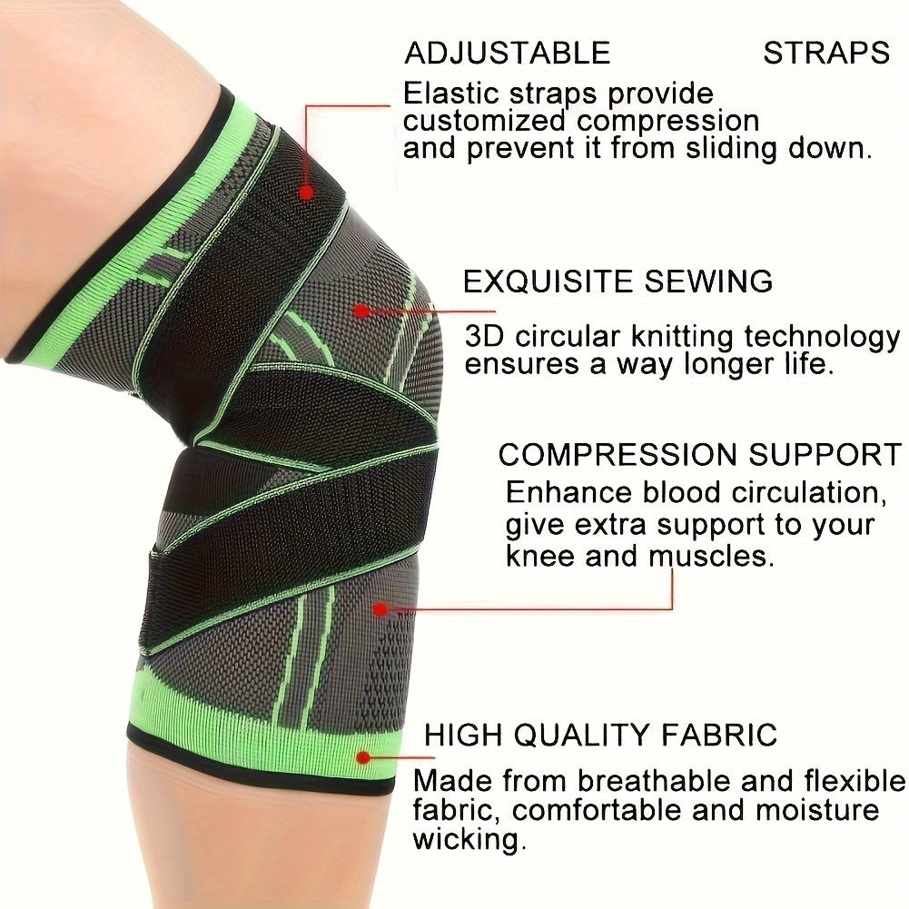 High-elastic compression knee braces in black/red/green stripes for men and women, perfect for running, cycling, fitness, weightlifting, and climbing. Features adjustable strap wrap and