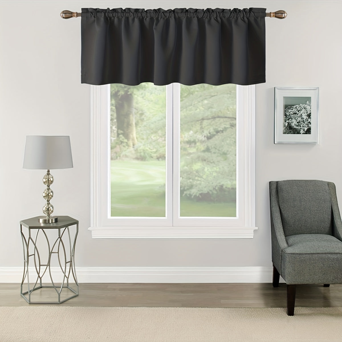 One piece of solid rod pocket valance curtain with a rod cover design suitable for use in the kitchen, bedroom, or bathroom.