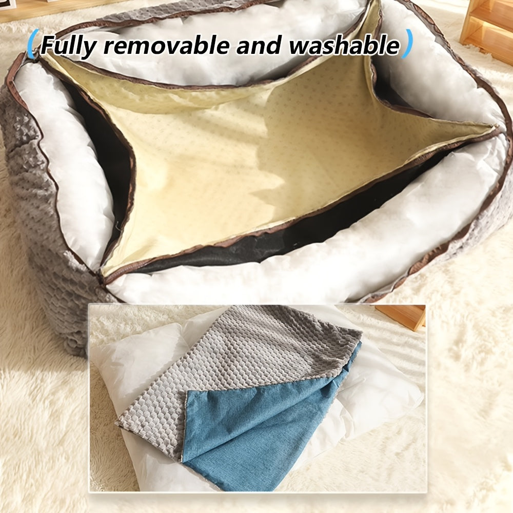 Luxury plush pet sofa bed with high backrest and easy cleaning, suitable for cats and dogs.