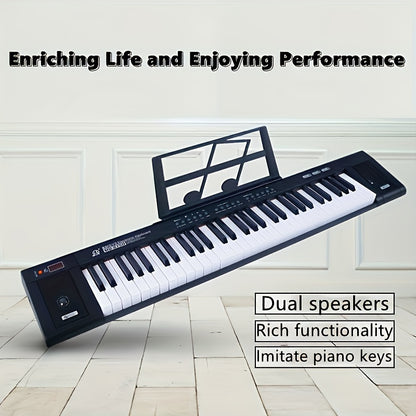 61-Key Portable Piano Keyboard with enhanced sound, suitable for beginners and adults. Includes gift for music enthusiasts, dual speakers, USB connectivity, music stand, and microphone.