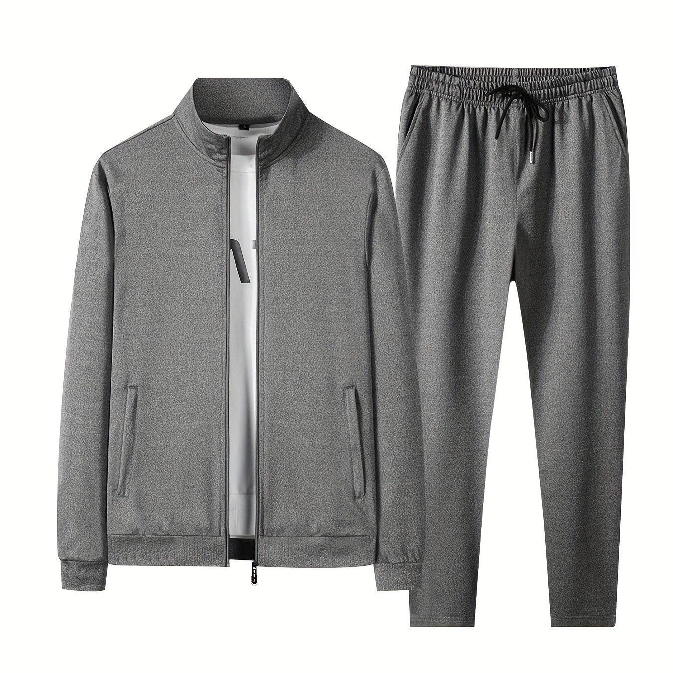 Men's 2-piece outfit with stand collar jacket and drawstring sweatpants for casual wear in spring and autumn.