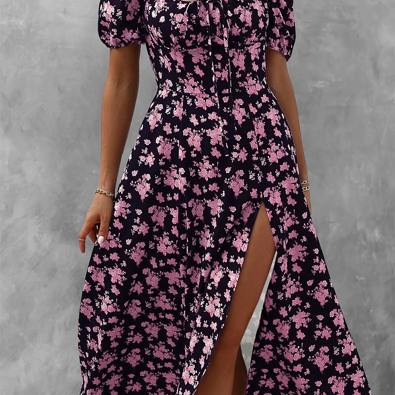 Floral print high slit dress with puff sleeves, perfect for spring and summer.