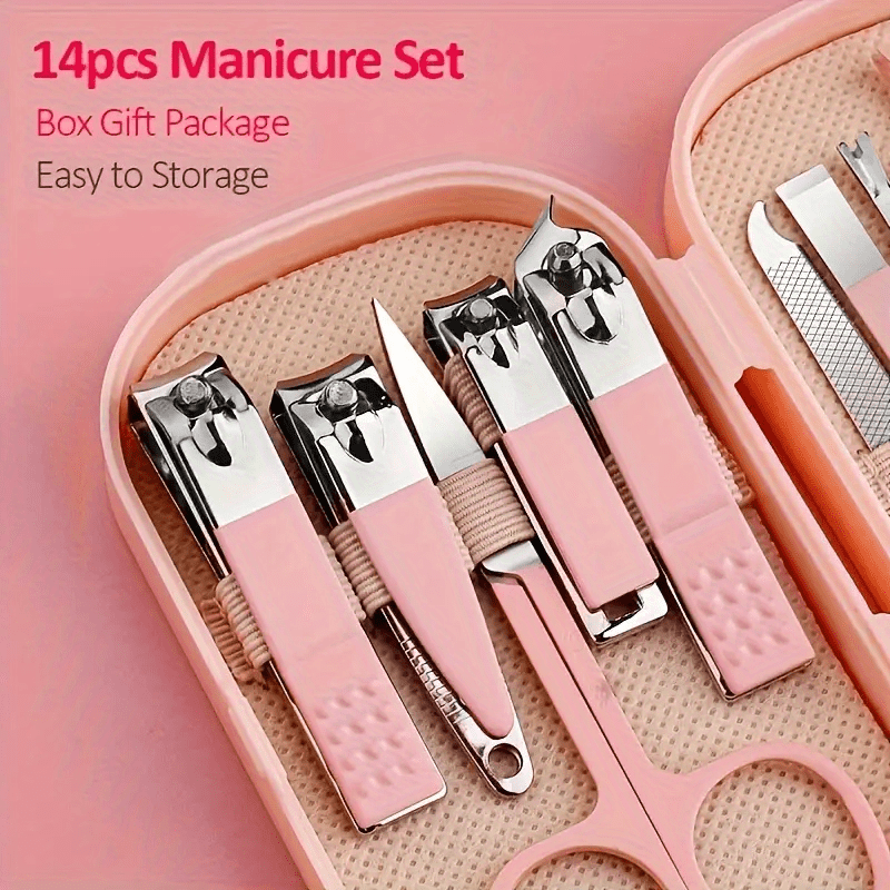 14-piece stainless steel nail and foot care set with nail clippers and shaping tools in a portable storage box. Suitable for both men and women, odorless, lightweight (≤10.58oz), and