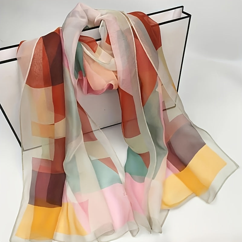 One elegant polyester scarf for women with geometric print, suitable for all seasons and occasions, machine washable.