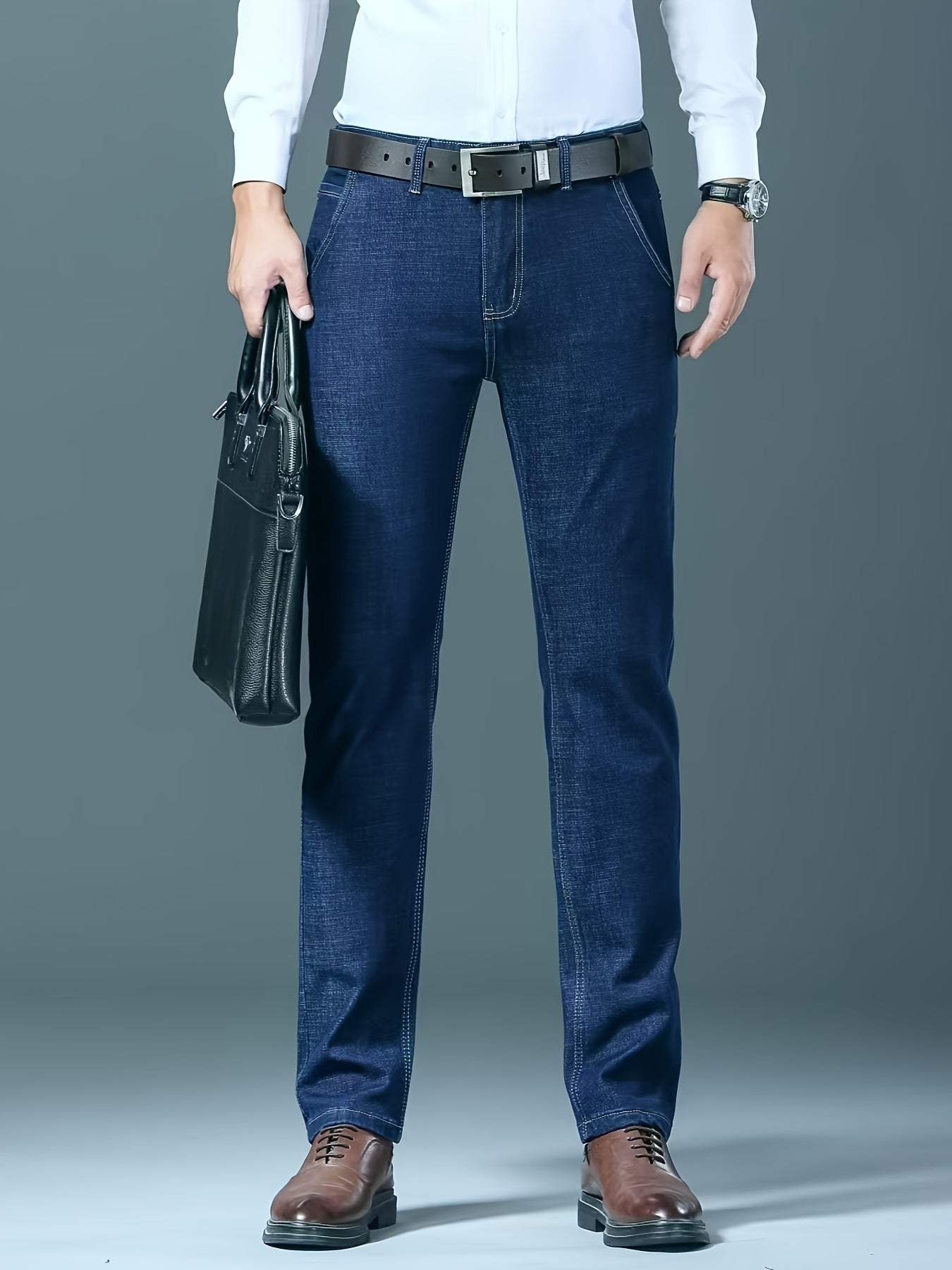 2024 New Style Men's Dark Blue Slim Fit Jeans, Thick Casual Pants for Autumn and Winter, Four Seasons Style.