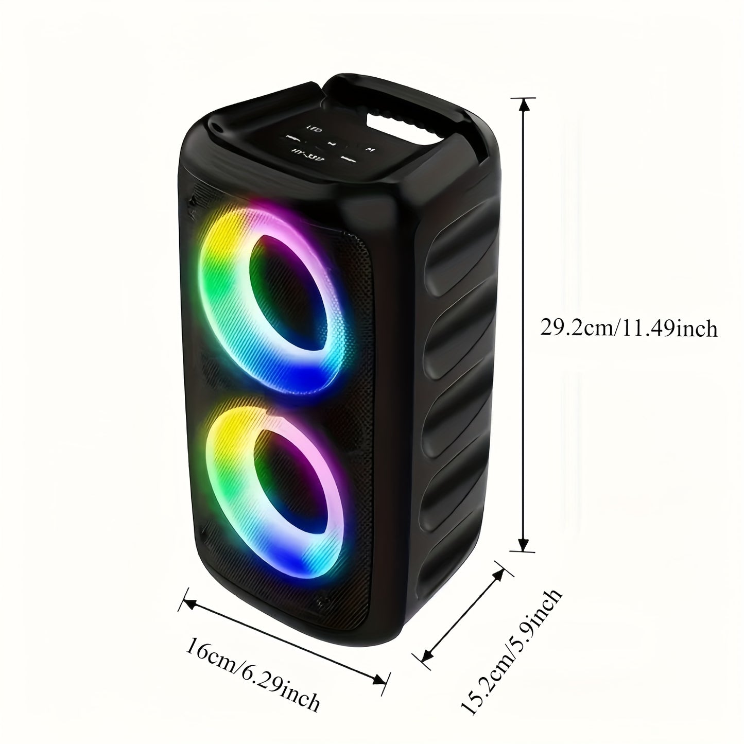 The HY-3317 Wireless Speaker includes a subwoofer, microphone, colorful lights, cinema-quality surround sound, high-capacity battery, bass enhancement, USB port, high-resolution audio