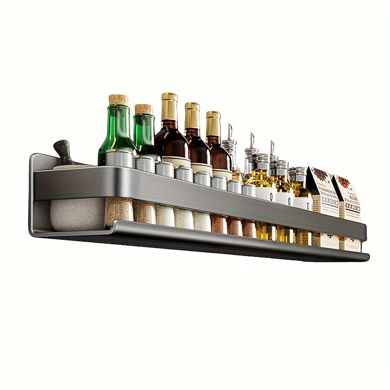 One gun gray stainless steel seasoning rack, designed to hang on the wall without the need for drilling. Comes with 5 hooks for additional storage. Ideal for organizing kitchen seasoning bottles.