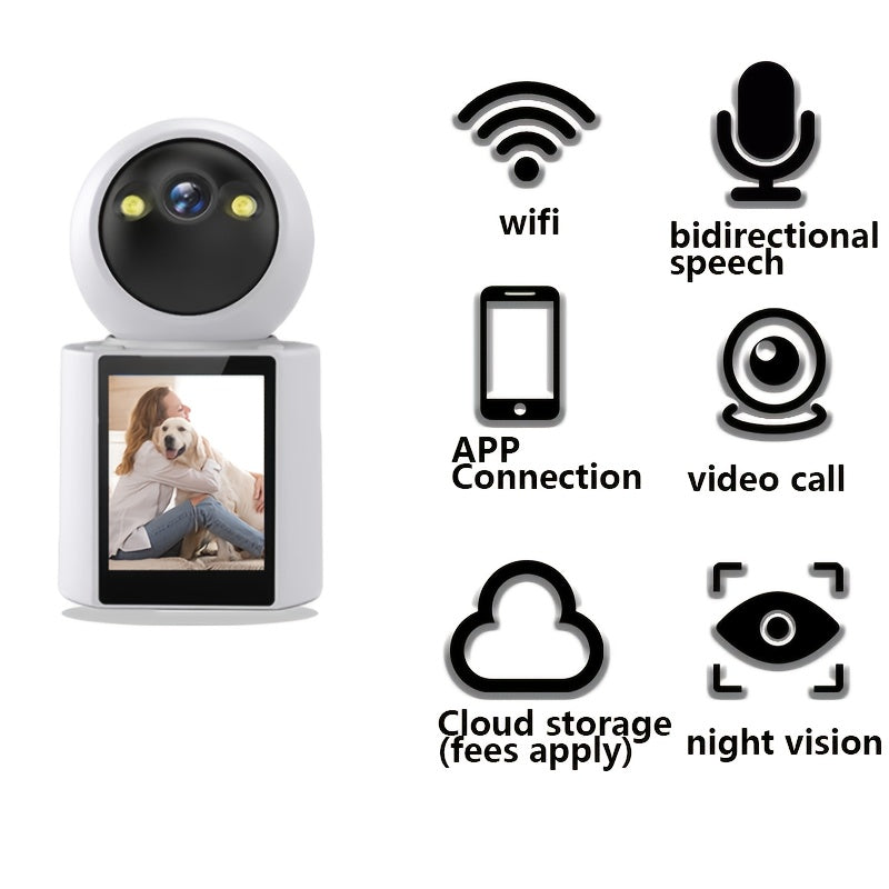 Wireless Home Security Camera with 7.11 cm Display Screen, AI Motion Detection, Night Vision, Two-Way Video Call, and 360° Security for Monitoring Elderly and Pets via Phone App.